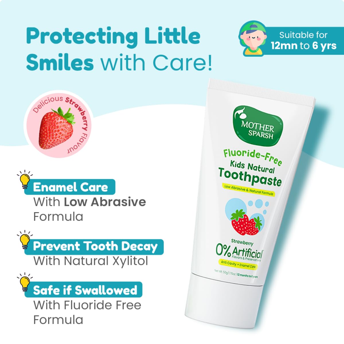 Mother Sparsh Natural Toothpaste for Kids-50g, Strawberry (With Free Toothbrush) | Strengthens Gums, Whitens Teeth | Preservative & Fluoride Free Baby Toothpaste | Anti Cavity + Enamel Care
