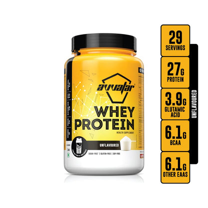 Yellow whey protein supplement container with nutritional information on a white background