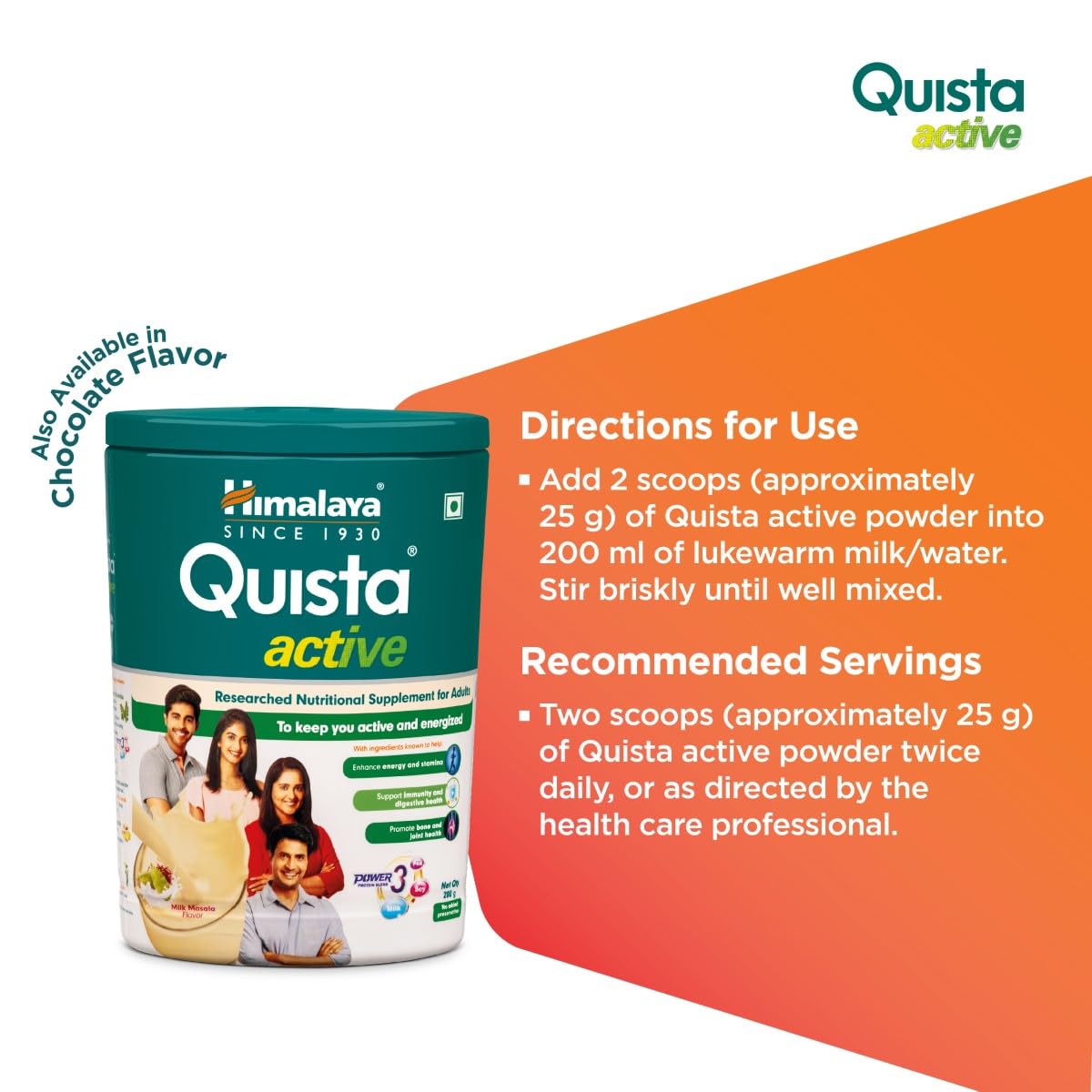 Quista active nutritional supplement container with directions for use on a white background