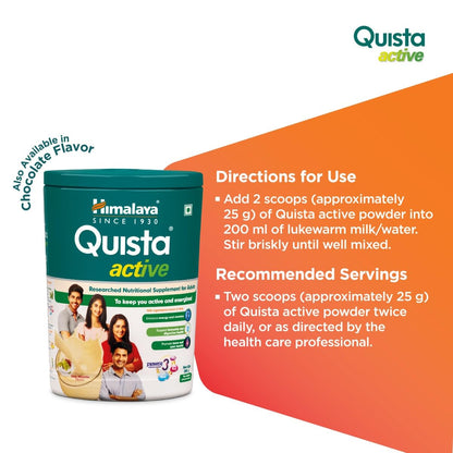 Quista active nutritional supplement container with directions for use on a white background