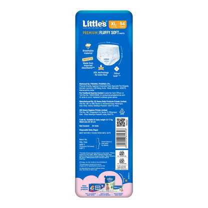 Little's Premium Baby Diapers XL Size (Extra Large) Pants Style | 12-17 kg | 54 Count | Super Jumbo FluffySoft Baby Diaper with Leakage Guard, Wetness Indicator & 12 Hours Absorption