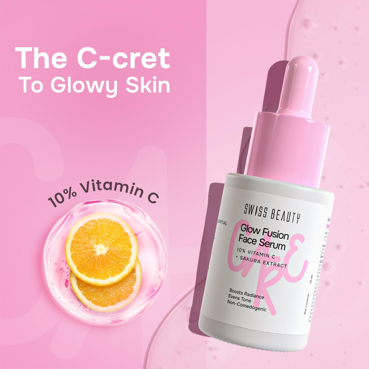 Swiss Beauty Care Glow Fusion Face Serum | Bright & Glowy | 10% Vitamin C & Sakura Extract | Non-Sticky | 30ml