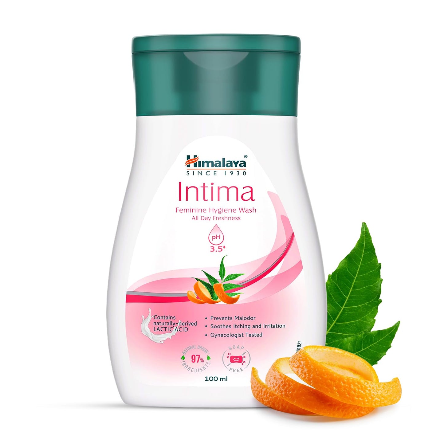 Himalaya Intima Feminine Hygiene Wash bottle with orange slices and leaves on a white background