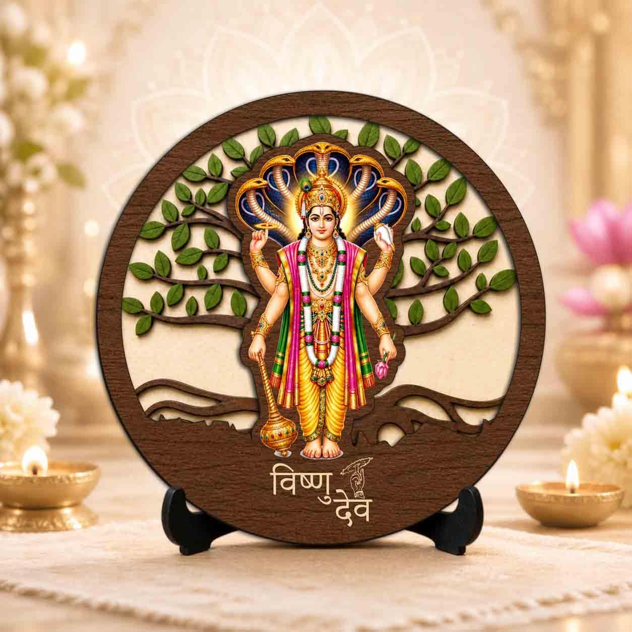 Plan To Gift Vishnu Ji Premium Wooden God Idol for Indoor Temple, Living Room Shelf, Work Desk & Puja Decor - 5x5 Inch