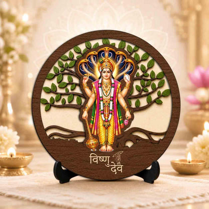 Plan To Gift Vishnu Ji Premium Wooden God Idol for Indoor Temple, Living Room Shelf, Work Desk & Puja Decor - 5x5 Inch