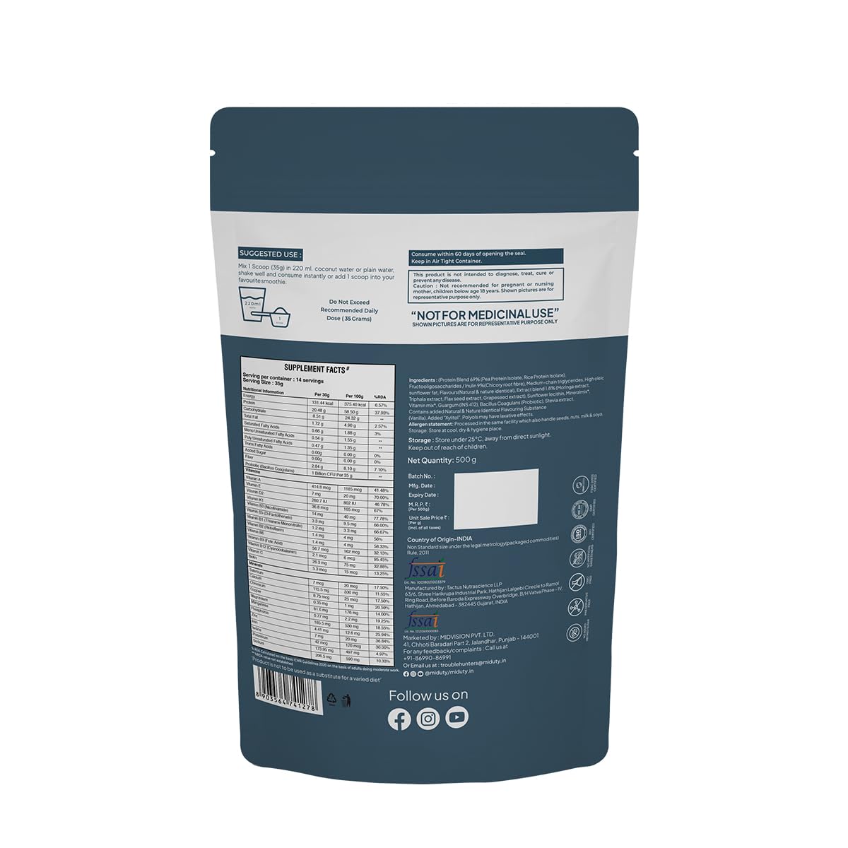 Zephivo Miduty by Palak Notes ShapeME Up Plant Protein - Vanilla Flavour - 1 Billion Probiotics - Vegan Protein Shake for Lean Weight Loss - Protein Powder - Effective Weight Management - 500gm