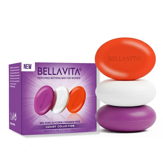 BellaVita perfumed bathing bars in various colors with packaging on a white background