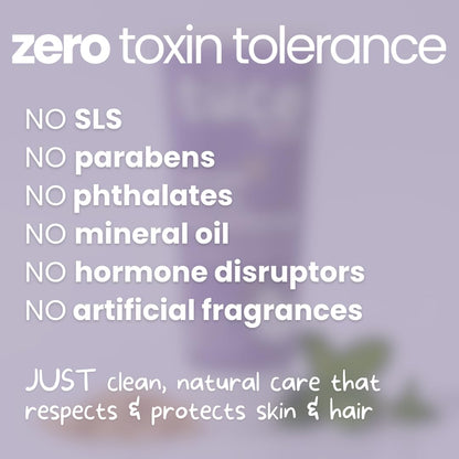Product label with 'zero toxin tolerance' claims on a blurred background
