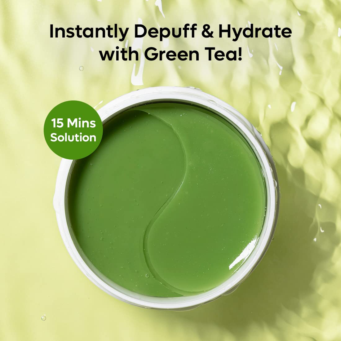 Green tea eye patches in a container with text on a green background