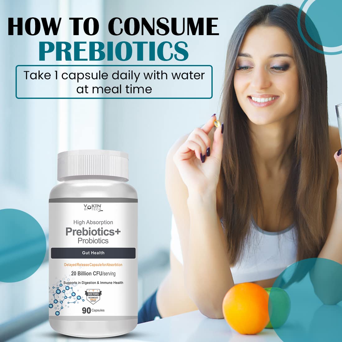 Advertisement for prebiotics with a woman holding a supplement bottle and text on consumption.