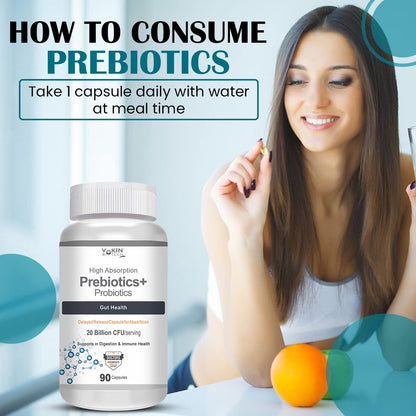 Advertisement for prebiotics with a woman holding a supplement bottle and text on consumption.