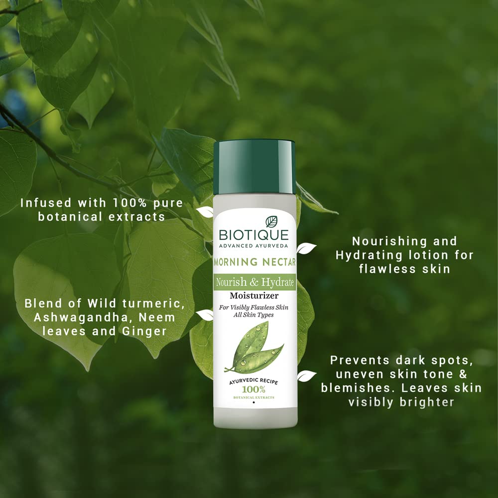 Biotique Nourishing Nectar moisturizer bottle with green leaves in the background