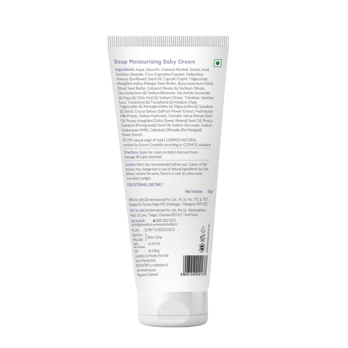 AreoVeda Deep Moisturising Baby Cream (50gm) | 72Hrs Hydration | Suitable for Baby's Dry Skin | With Shea Butter & Saffron Extract | Non-Sticky | For 0-5 Years | Ecocert Certified, EWG Verified