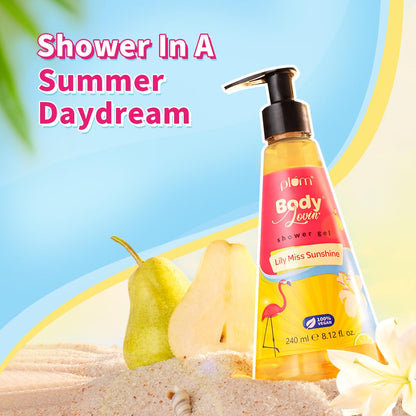 Plum BodyLovin' Lily Miss Sunshine Shower Gel | SLS Free Body Wash For Women | Long Lasting Fresh Fruity-Floral Fragrance | Aloe-Infused Nourishing Body Cleanser For Soft & Smooth Skin | 240ml