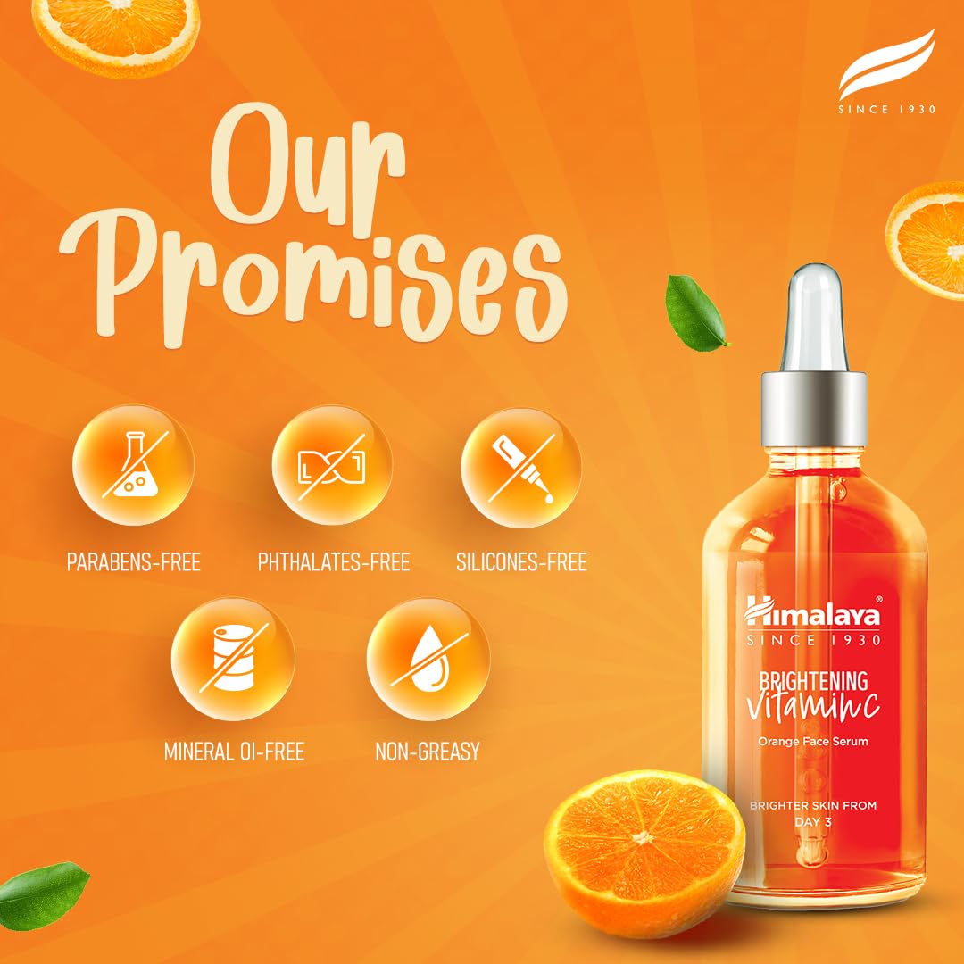 Himalaya Brightening Vitamin C Orange Face Serum, 30 mL | With Vitamin C, Niacinamide & Hyaluronic Acid | Brighter Skin from Day 3 | Dermatologically Tested