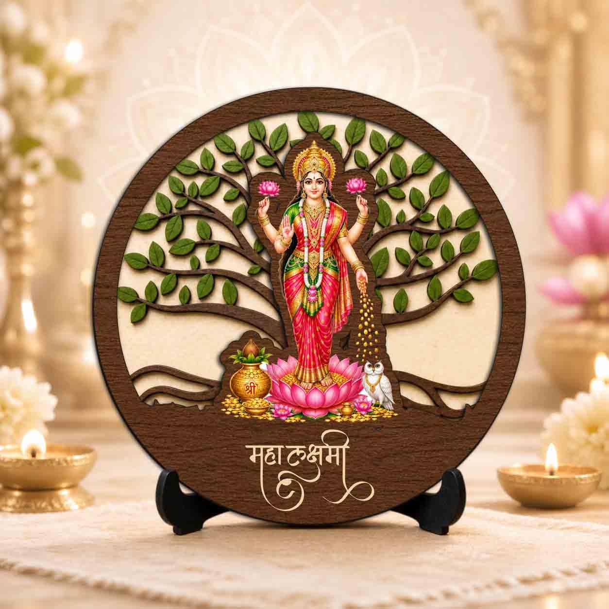 Plan To Gift Lakshmi Maa Wooden Idol with Stand for Home Temple, Puja Room, Office Desk & Indoor Mandir Decor - 5x5 Inch