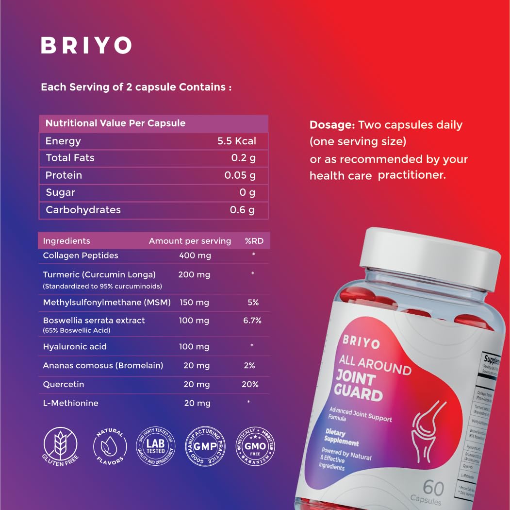 BRIYO supplement packaging with nutritional information and dosage details on a red and purple gradient background.