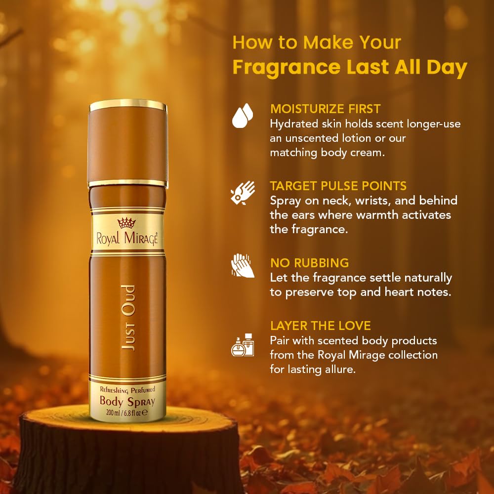 Body spray bottle with fragrance tips on a wooden stump against a blurred autumn background