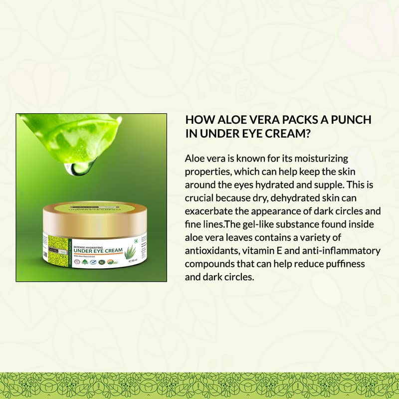 Aloe vera under eye cream jar with text explaining aloe vera's benefits in skincare.