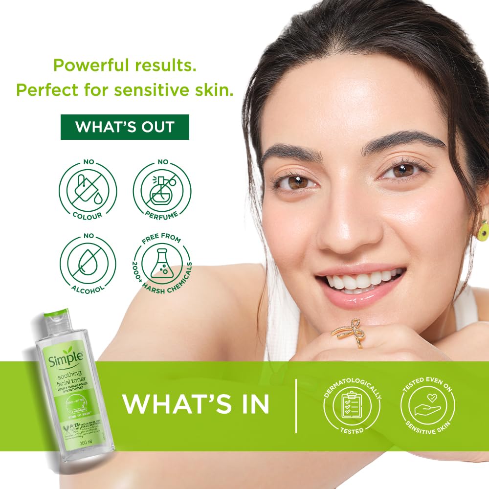 Woman with clear skin and Simple brand facial wash, with text about product benefits.