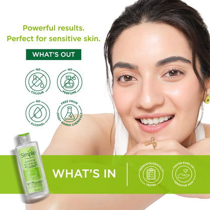 Woman with clear skin and Simple brand facial wash, with text about product benefits.