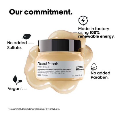 L'Oréal Professionnel Absolut Repair Mask for Dry & Damaged Hair - 250ml | Professional mask for Strengthening and Repairing Hair, With Protein & Omega-9, For Men & Women