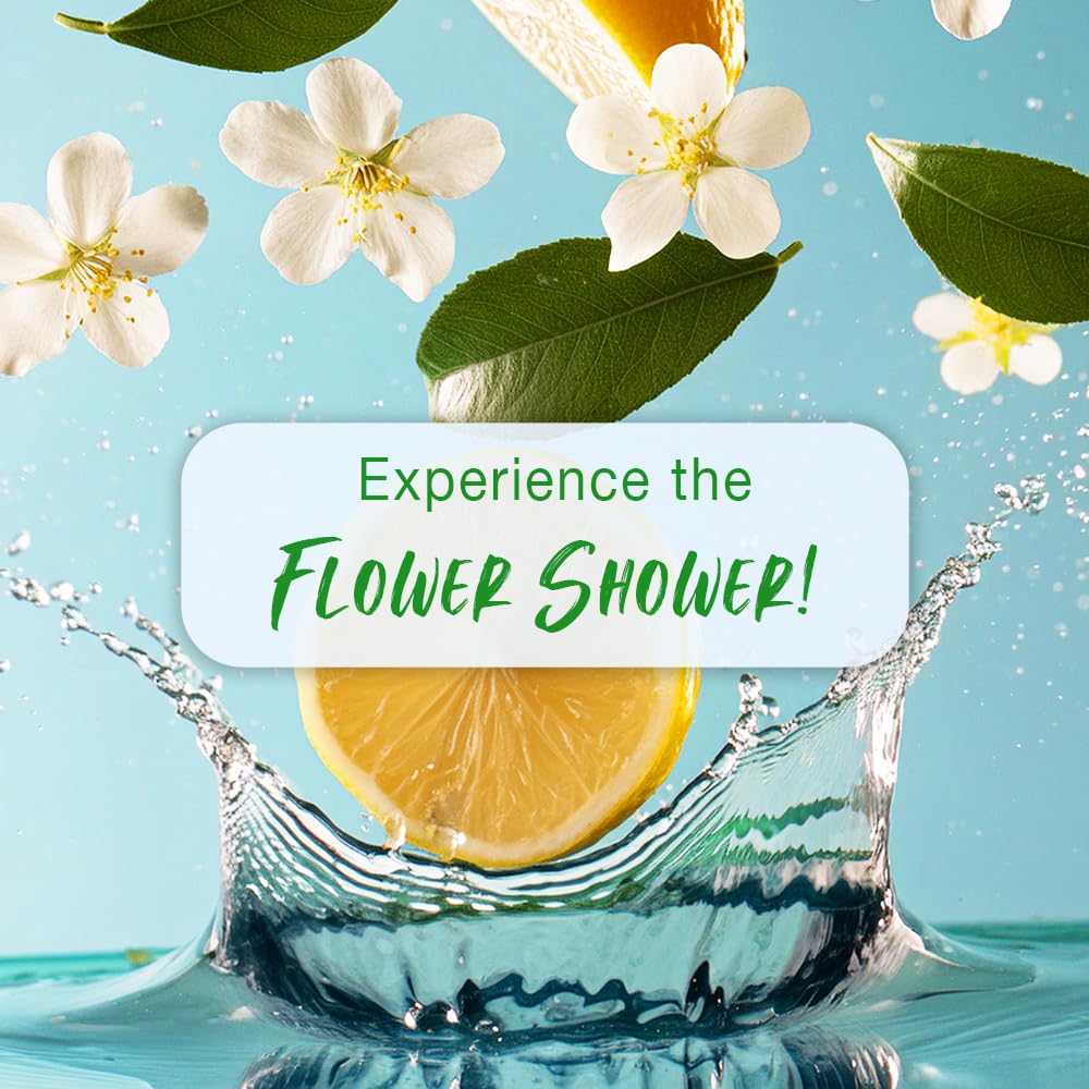 Product packaging with flowers, lemon, and water splash on a blue background