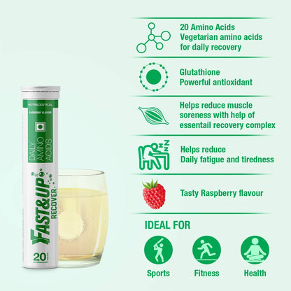 Fast&Up Recover supplement tube with a glass of liquid on a light green background, featuring text about amino acids and benefits.