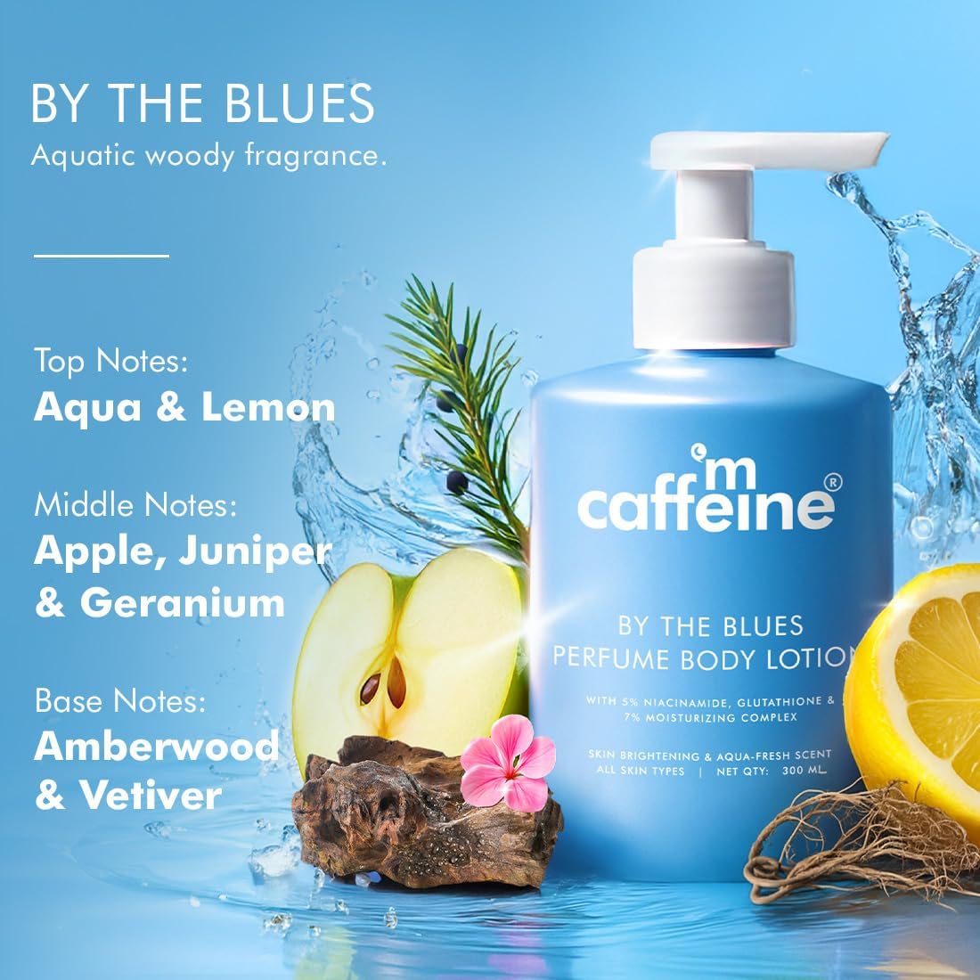 Caffeine perfume body lotion with natural elements on a blue background