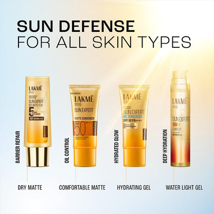 Lakme Sun Expert sunscreen products with different textures on a light blue background