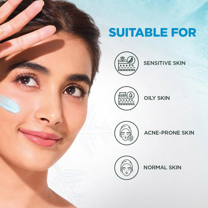 Woman applying cream to her face with skin type suitability information on a blue gradient background