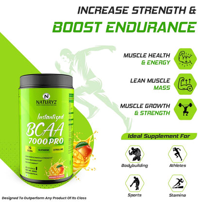 Naturyz BCAA 7000 Pro supplement bottle with promotional text on a green background