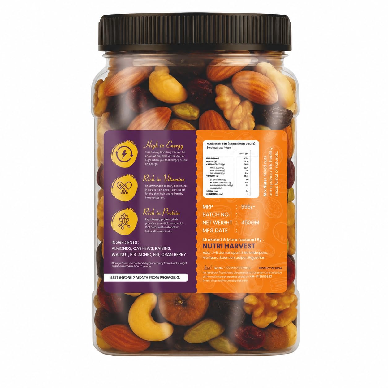 NUTRI HARVEST Premium Mixed Nuts and Dried Fruits 450g,| Almonds, Cashews, Walnuts, Pistachios, Figs, Raisins, Cran berry| Fit for fasting| Resealable jar for freshness