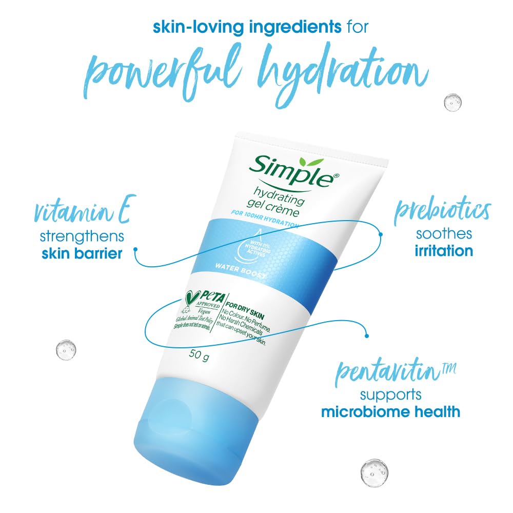 Simple hydrating gel crème tube with text highlighting skin-loving ingredients on a white background
