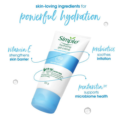 Simple hydrating gel crème tube with text highlighting skin-loving ingredients on a white background