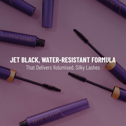Mascara with purple tubes and black brushes on a purple background, featuring text about formula and effects.