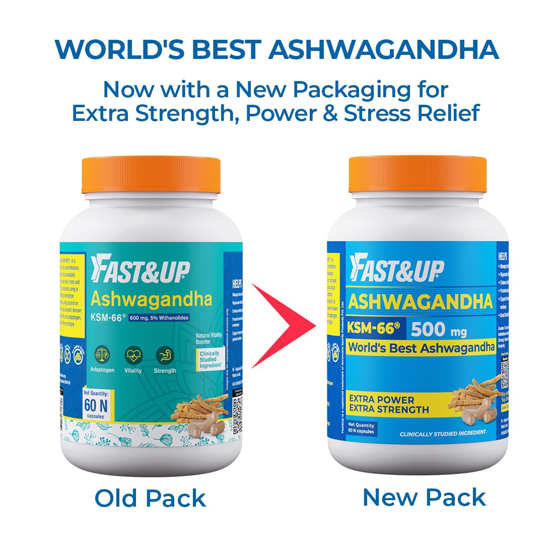 Fast&Up 500mg KSM-66® Ashwagandha – World's Best Ashwagandha (60 Capsules) for Extra Strength & Power | Stress Relief | Natural Vitality Booster | Pure & Potent