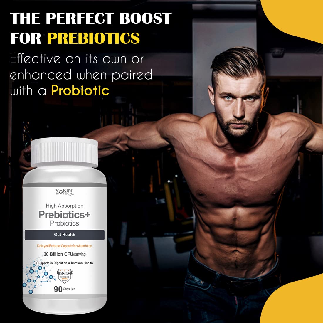 Man flexing muscles with a supplement bottle labeled 'Prebiotics+' in a gym setting