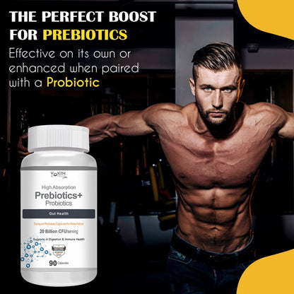 Man flexing muscles with a supplement bottle labeled 'Prebiotics+' in a gym setting