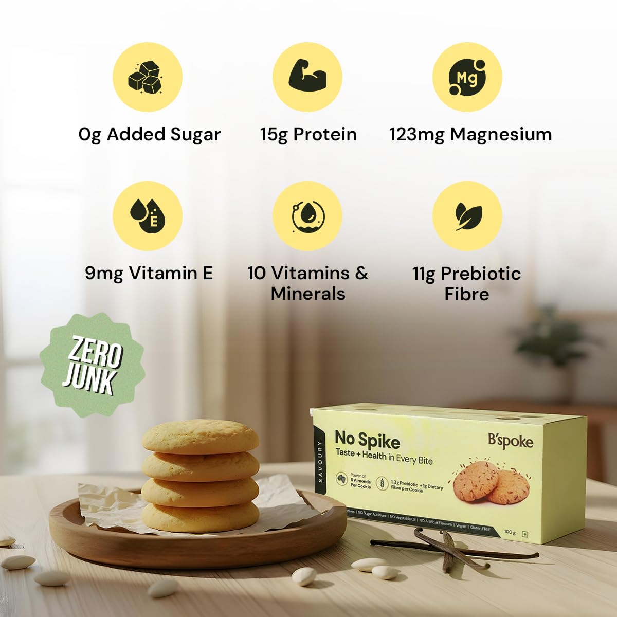 B'spoke NoSpike Savoury Cookies | No Added Sugar | 100% Almond Flour Base | High Fibre & Protein | Zero Junk