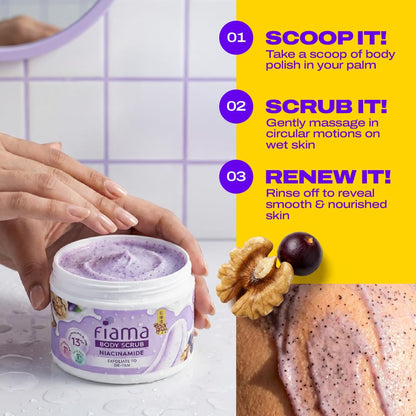 Fiama Detan Body Scrub 200g, 1% Niacinamide + 1% Salicylic Acid, Chemical + Physical Exfoliation, 13% Resurfacing Blend, Sun-Tan Removal & Instant Brightness, Gourmet Fragrance