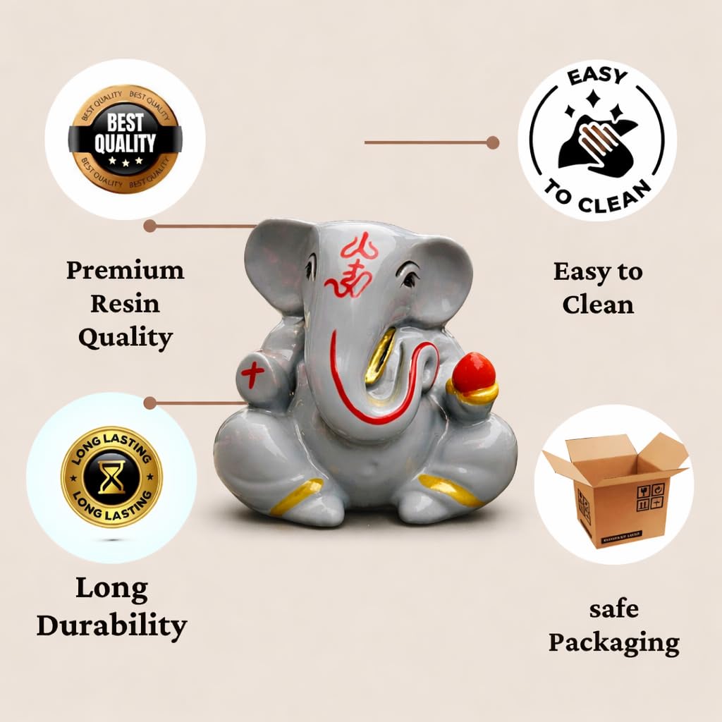 Resin Lord Ganesha Idol Car Dashboard 5x5cm (Grey)