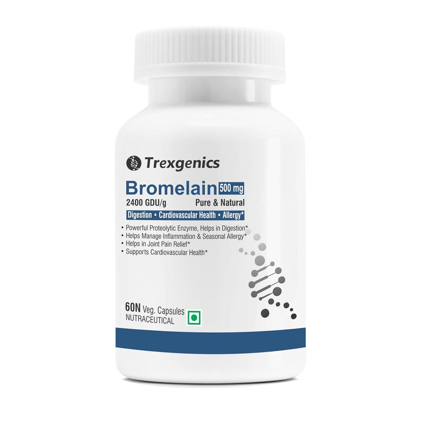 Trexgenics BROMELAIN 500 mg 2400 GDU/gm Natural Digestion, Joint Health Support VEGAN & NON-GMO (60 Veg. Capsules) (Pack of 1)