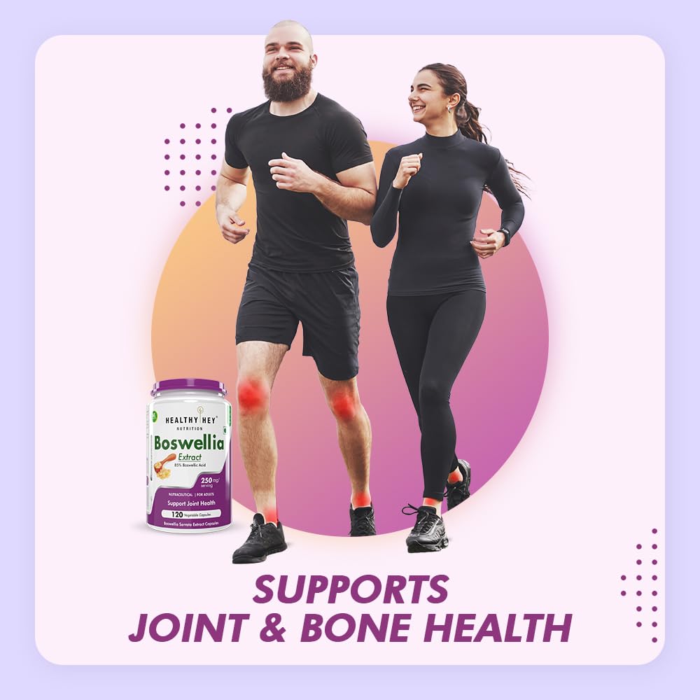 Man and woman exercising with a Boswellia supplement bottle, set against a colorful background.