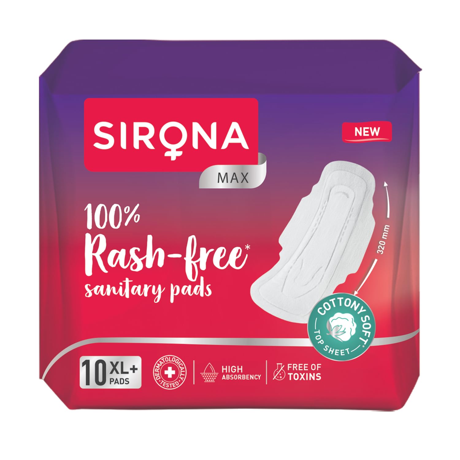 Sirona sanitary pads packaging with purple and red design