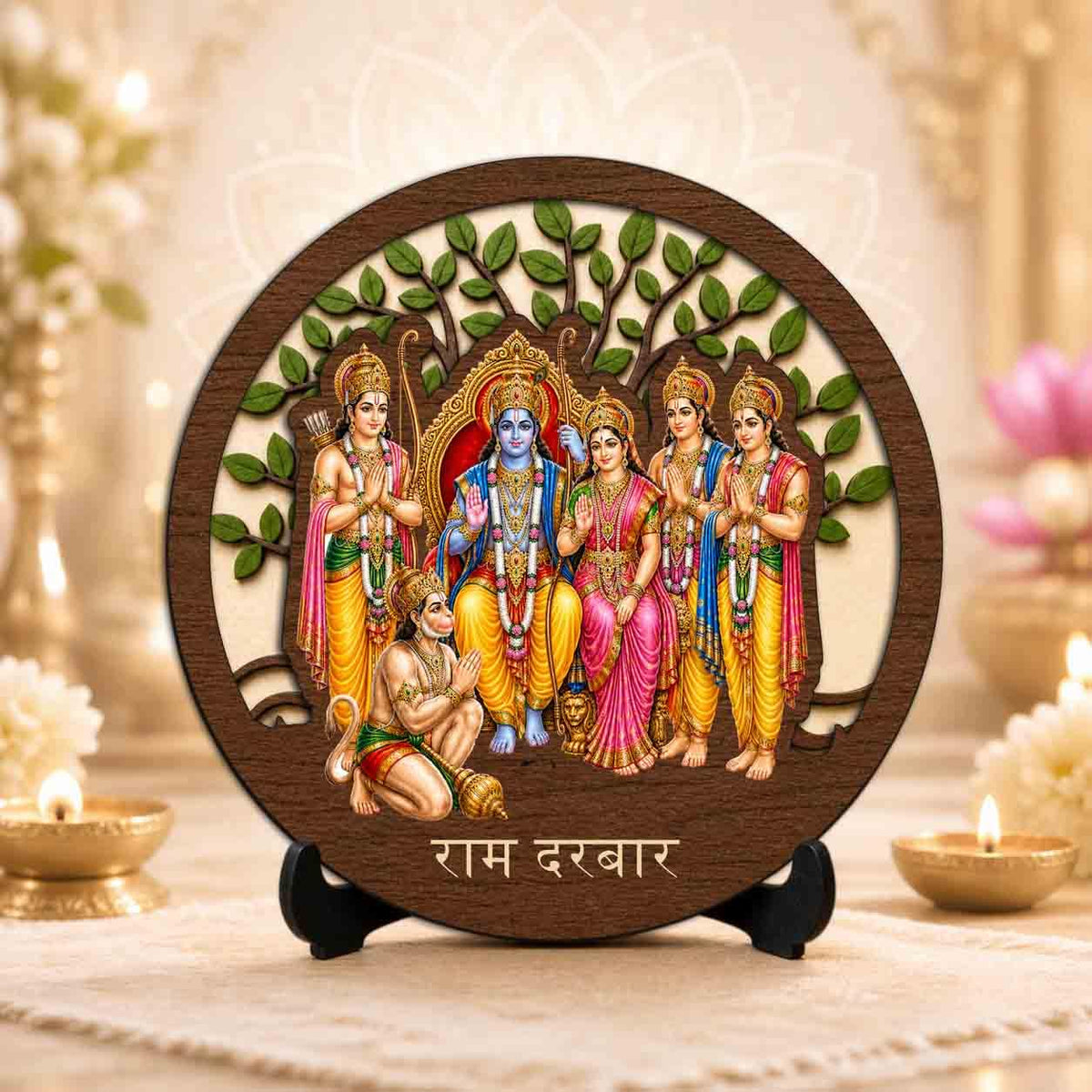Plan To Gift Ram Darbar Table Top Wooden Idol/Murti for Mandir Decoration, Office Desk & Festive Gift - 5x5 Inch