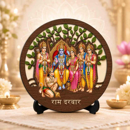 Plan To Gift Ram Darbar Table Top Wooden Idol/Murti for Mandir Decoration, Office Desk & Festive Gift - 5x5 Inch