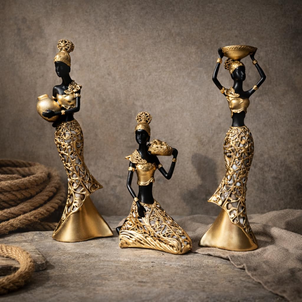 Vibrant Beautiful Finish Uniquely Hand Crafted Home Decor African Tribal Women Art Piece (African Lady Working Set of 3)