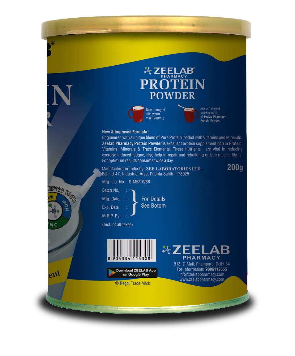 Zeelab Protein Powder container with blue and yellow design on a white background