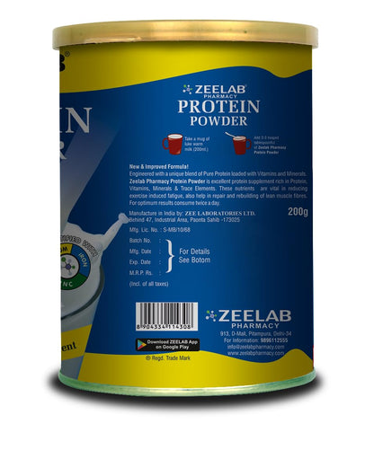 Zeelab Protein Powder container with blue and yellow design on a white background